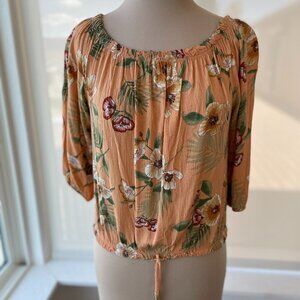 Free Kisses Floral Cropped Blouse Top With Front Tie Peach Color, Size M